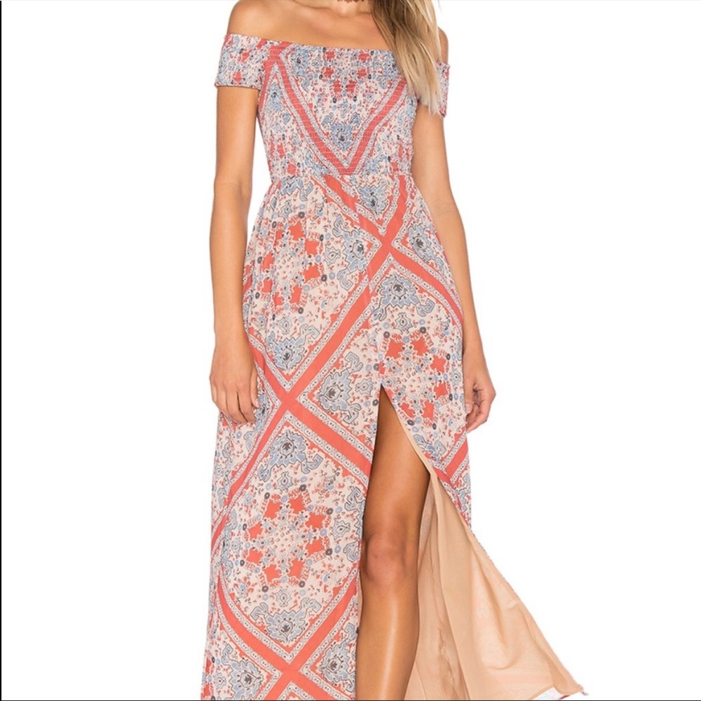 Tularosa Henderson Dress - Blue and Red Smocked Off the Shoulder Maxi